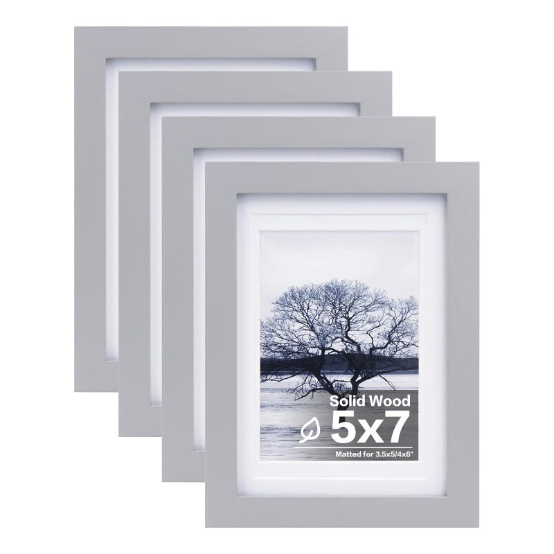 Egofine 5x7 Picture Frames Covered by Plexiglass, 4 Pack for Picture 4x6 with Mat or 5x7 whitout Mat Made of Solid Wood for Table Top Display and Wall Mounting Photo Frame, Light Gray - Image 1